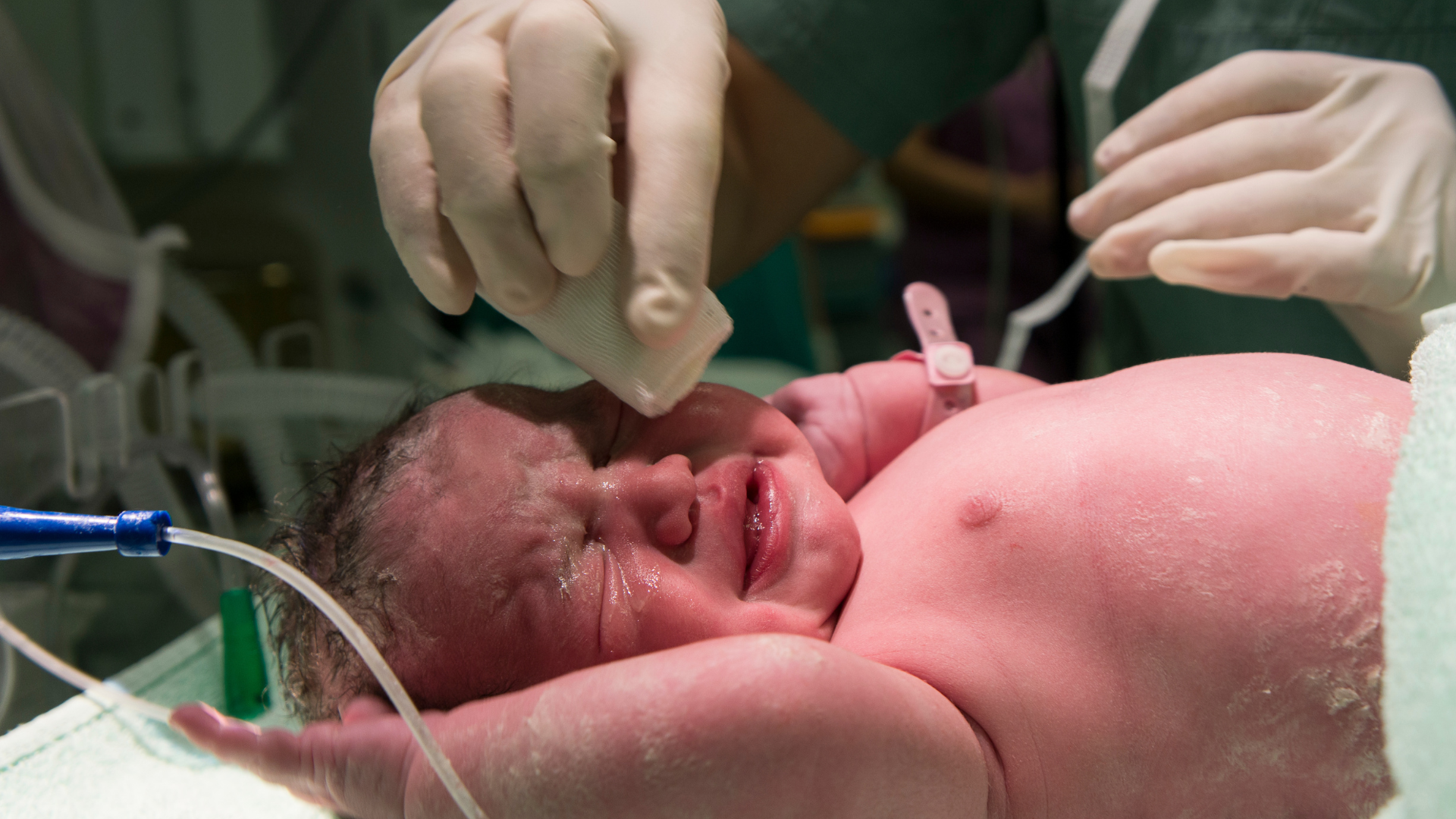 close up newborn baby crying